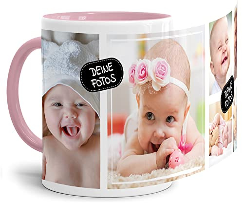Foto-Tasse zum selbst gestalten mit Foto-Collage für 6 Wunschfotos - Geschenk für Familie, Freunde, Geburtstag, Weihnachten - Keramik Innen & Henkel Rosa, 300 ml I Personalisiert