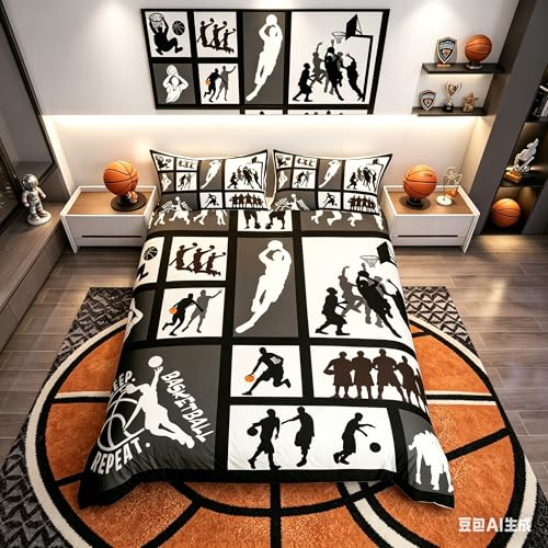 Juego de Ropa de Cama de Baloncesto para niños, Juego de Cama Doble de competición de Baloncesto, Juego de Ropa de Cama con temática Deportiva, diseño geométrico Negro, de Dormitorio, 3 Piezas