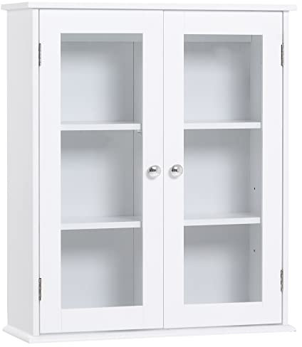 kleankin Armario de Pared Baño de 2 Puertas de Cristal Armario Colgante Multiusos para Cocina Salón con Estantes Interiores y Balda Ajustable 55x20x65 cm Blanco