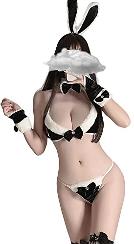 SINROYEE Japansk Lolita-underkläder sexig kanin cosplay underkläder kostym set mikrobikini lurvig bh och trosa Kawaii anime semesterfest, svart, en storlek, Svart, one size