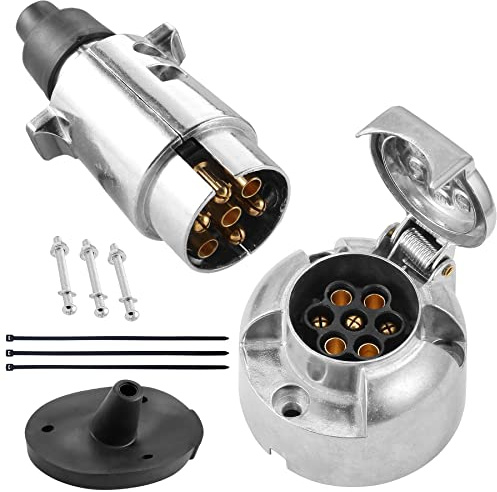 SPARKMOTO Prise Attelage Métal 7 Broches Femelle et Mâle, Adaptateur 12V pour Remorque avec Joint Arrière (SKM0701A)