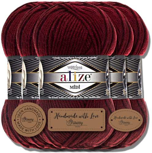 Hobby YARN 3x Etikettenlabel mit Alize Superlana Midi Wolle Premium 5x100g als Set, Yarn, Garn, Strickgarn, Einfarbig, Baby, zum Häkeln, Stricken, Kleidung, Schals (Bordeaux | 57)