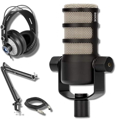 Rode PodMic Dynamic Podcasting Microphone with StreamEye BOOMARM1 Microphone Boom Arm, Multi-Use Studio Grade Headphones, XLR Cable, and StreamEye Polishing Cloth