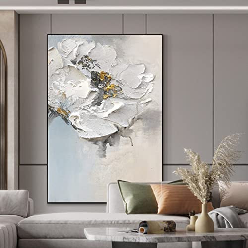 LCDIUDIU Ölbilder Auf Leinwand Handgemalt, Weiße Dicke Textur Pfingstrose Blume Goldfolie Stempel Luxus Abstrakt Modern Original Rahmenlose Handgemalte Ölgemälde Auf Leinwand Für Familienwand Wohnz