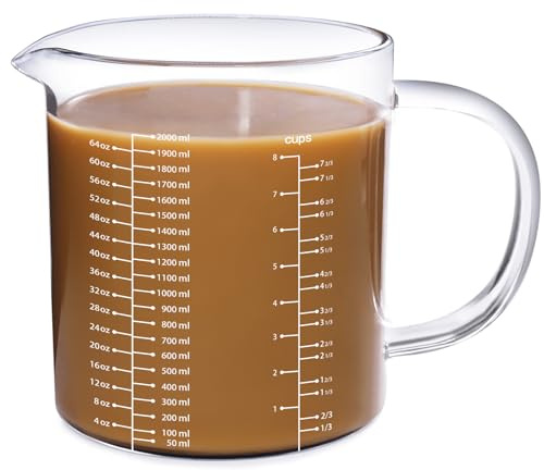 77L Glass Measuring Cup, [Insulated handle, V-Shaped Spout], High Borosilicate Glass Measuring Cup for Kitchen or Restaurant, Easy To Read, 2000 ML (2 Liter, 8 Cup)