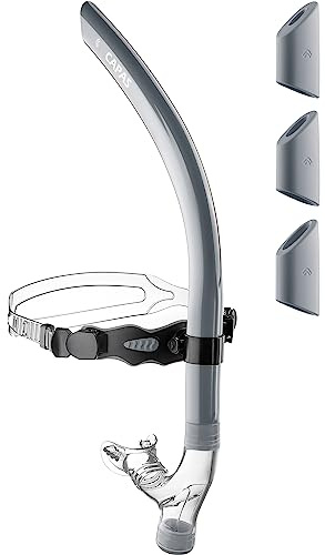CAPAS Training Swim Snorkel for Lap Swimming, Ultimate Fit Center-Mount Swimmers Snorkel with Liquid Silicone Mouthpiece Adjustable Strap Swivel Headband, Designed for Adult Men Women (Grey Black)