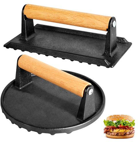Alyoen 2er-Set Burgerpresse Gusseisen,Burger Smasher,Hamburgerpresse mit Antihaft,Rund und Rechteckig Große 1kg Burger Pattie Presse,Zum Pressen von Steaks,Burgern,Speck,Würstchen