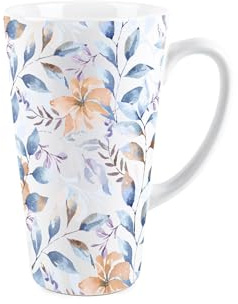 Taza de café con flores de acuarela - Cerámica pintada azul, naranja, morado, té floral / café
