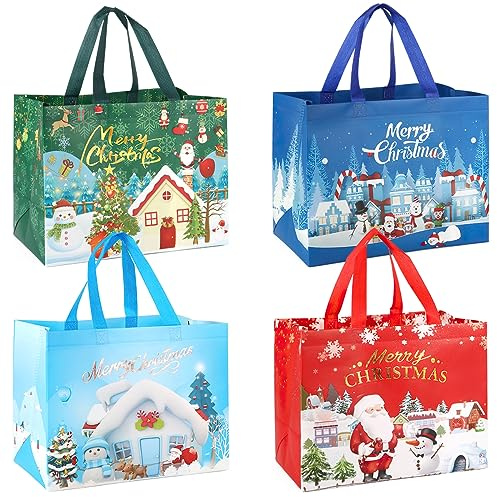 4PCS Weihnachts tüten, Weihnachtstragetaschen mit Griffen, Weihnachtstaschen, multifunktionale Vlies-Weihnachtstaschen zum Einpacken von Geschenken, Weihnachtsfeierzubehör, 32,5 × 25 × 17 cm