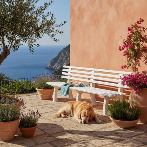PROREGAL Gartenbank Antigua | 4-Sitzer | Weiß | HxBxT 74x200x54cm | Witterungs- & UV-beständiger Kunststoff | Parkbank Sitzbank Außenbereich Garten Balkon Terrasse
