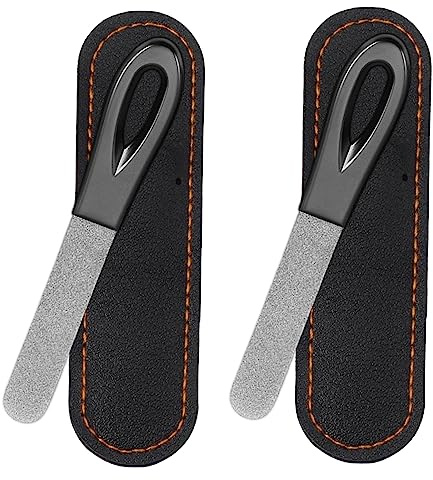 Metal Nail File, Stainless Steel Fingernail Files Double Sided Grit Nail Filer with Leather Cases and Non Slip Handle (2 Pack 3.6IN Gunmetal Files with PU Cases)
