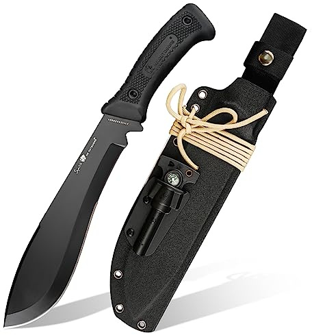 HX Outdoors Full Tang Machete Kukri with Multipurpose Sheath, Premium D2 Steel Bushcraft Knife with Non Slip Rubber Handle for Outdoor, Clearing Brush, Gardening (Black)