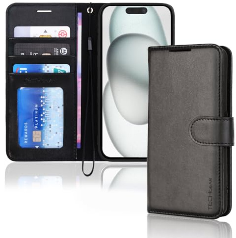 TECHGEAR iPhone 15 läderplånboksfodral, flip skyddsfodral med plånbok korthållare, stativ och handledsrem – svart PU-läder med magnetisk stängning för iPhone 15 6,1 tum