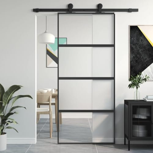 Festnight Schiebetür Glasschiebetür Schwarz-12 Schiebetür Mit Tür Sliding Door Innentüren Schwebetüren 90 x 205 cm Hartglas und Aluminium