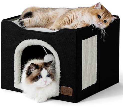 Bedsure Cat Beds for Indoor Cats - Large Cat Cave for Pet Cat House with Fluffy Ball Hanging and Scratch Pad, Foldable Cat Hideaway, 16.5x16.5x13 inches, Black