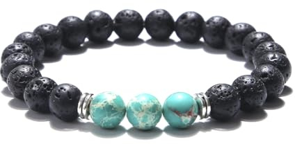 Kim Johanson® Damen Naturstein Armband *Chakra* mit Onyx, Jaspis & Lavastein I Perlenarmband mit echten 8mm Edelsteinen I Elastisches Kugelarmband I Handgemacht I Wasserfest