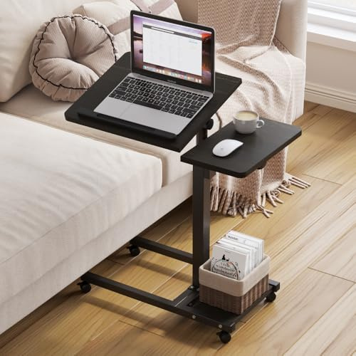 Laptop Desk Stand for Bed Portable Desk Overbed Bedside Mobile Laptop Table Rolling Foldable Table Adjustable Height with Locked Wheels & Mouse Pad for Office Sofa (Dekuwood Black)