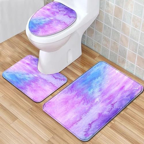 Bad Teppiche Set 3-Teiliges Rosa Lila WC Vorleger Mit Ausschnitt Badematte Saugfähig WC Deckelbezug Badvorleger rutschfest Waschbar Toilettensitzbezug Badgarnitur (45x75cm)