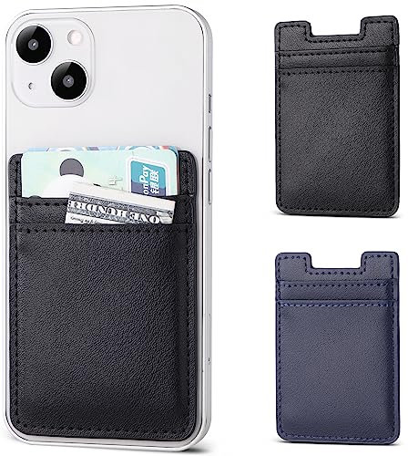Phone Wallet Stick on,2Pack Phone Card Holder for Back of Phone Case, Leather Credit Card Holder for Cell Phone Sticky Wallet RFID Double Pocket Sticker for iPhone,Android,Samsung-Black,Navy Blue