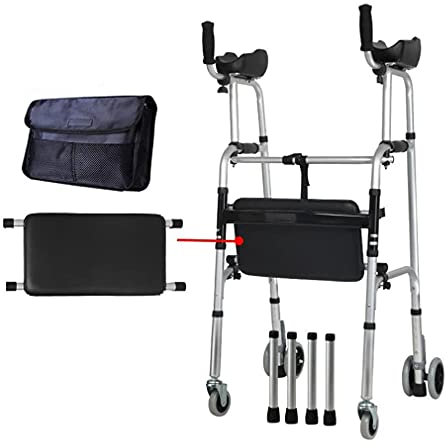 RENYUEH Gehgestell, 4-Rad-Gehhilfe für ältere Menschen, zusammenklappbar, mit Armlehnen-Stützpolster und Feststellbremsen, Aluminium-Trainer für die unteren Gliedmaßen, Sehnsucht nach