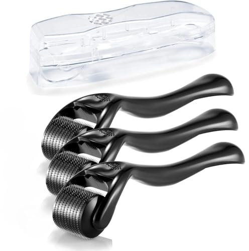 Boolavard Derma Roller Microneedle Roller per viso con 3 diverse dimensioni (0,5 mm, 1 mm, 1,5 mm), rullo per barba, crescita dei capelli, cura della pelle del viso, rullo per cuoio capelluto