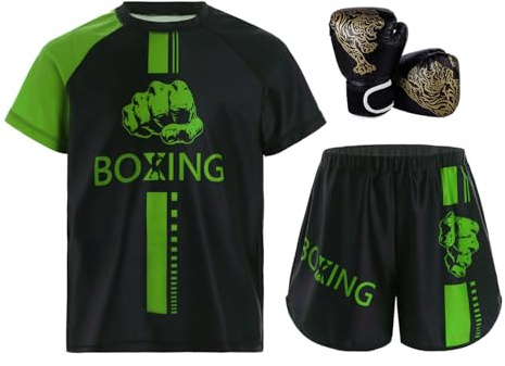 Runqhui - Conjunto de traje de boxeo para niño y niño, camiseta + pantalones cortos + guantes de boxeo Muay Thai MMA Kickboxing, Verde y negro, 9-10 Años