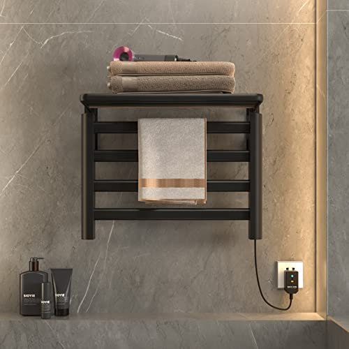 Radiatore elettrico per asciugamani da bagno 550x400mm Riscaldatore intelligente a temperatura costante con ripiano Riscaldamento in fibra di carbonio 55 ° Temperatura costante Nero Destra