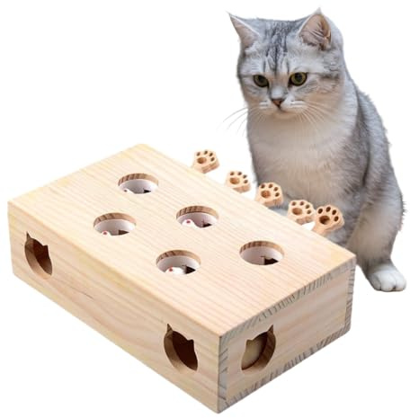 Permangallop Interaktives Katzenspielzeug, Holz, Spielzeug, Maulwurf Maus, Puzzle Box mit süßen Cartoon Spielzeugen für Katzen, Jagd, Spielen, Trainieren, Kratzen – 5 Löcher,A