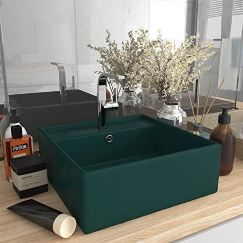 ShGaxin Lavabo Lujoso Cuadrado rebosadero, Lavabo sobre Encimera, Lavamanos para Baños, Lavabo Baño, Mueble Lavabo, Muebles De Baño, cerámica Verde Oscuro 41x41cm