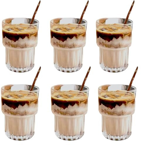 MUJUZE Juego de 6 vasos grandes para latte macchiato apilables, ideales para café helado, helados y postres, diseño acanalado vintage, juego de 320 ml