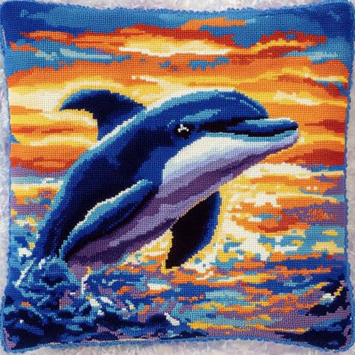ASONGLINGO Knüpfkissen-Set, Cartoon-Delfin Kreuzstich Knüpfkissen Zum Selber knüpfen Kissen Set,DIY Knüpfteppich Knüpfpackung,43x43cm