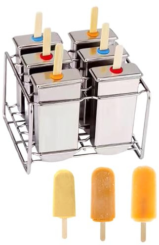 Lot de 6 moules à glace en acier inoxydable avec support réutilisables en métal avec 50 bâtonnets (argenté 2)