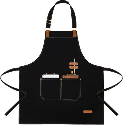 APRONPANDA Aprons for Men Women with Pockets, Waterproof Adjustable Chef Apron for Cooking, Baking, Gardening, BBQ, Craft Working, Painting (Black)