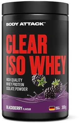 Body Attack Clear Iso Whey Blackberry 300 g | Made in Germany, erfrischendes, klares Whey Protein Isolat, 24 g Protein und 11.400 mg EAAs pro Iso Whey Shake, zuckerfrei