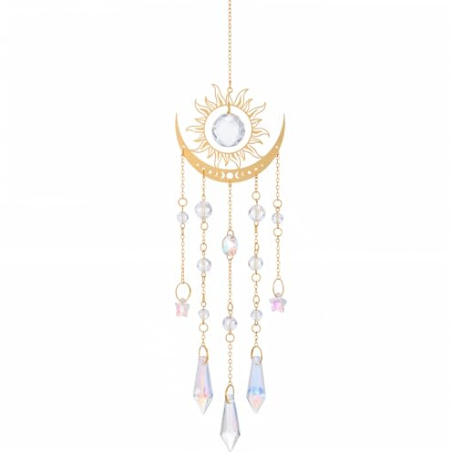 Crystal Suncatcher for Windows Hanging, Prism Rainbow Maker with Chain, Sun and Moon Catchers Indoor Outdoor Home Garden Decor, Gift for Christmas Mother’s Day Valentine’s