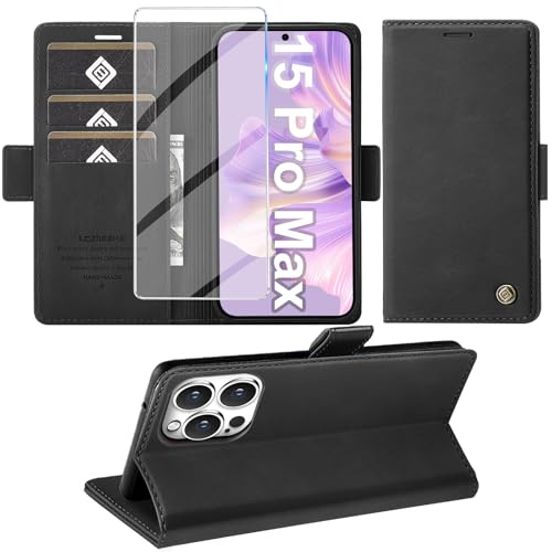 Giyer Cover per iPhone 15 Pro Max Custodia con Vetro Temperato, Premium PU Portafoglio Slot per Scheda RFID Antifurto Funzione Supporto Flip Case, Antiurto per iPhone 15 Pro Max 5G Cover (Nero)