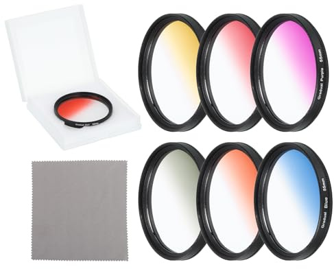 sourcing map 55mm Gradual Color Filter Kit, 6 Piece Filters for Camera Lens Accessory Set with Case and Lens Cleaning Cloth for SLR Camera Photography, Orange, Yellow, Blue, Purple, Red, Grey