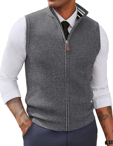 PJ PAUL JONES Sweater Vests for Men Casual Full Zip Sleeveless Vests for Jazz Bar Light Grey, M