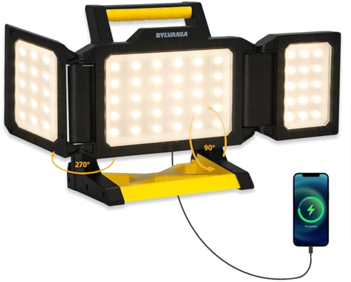 SYLVANIA LED Akku Baustrahler Klappbar | 3 Seiten Akkustrahler mit Powerbank | 2-Stufen Dimmbar 3000 Lumen | IP54 Outdoor Aufladbar für Camping, Baustelle, Garten
