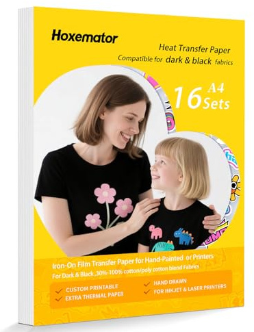 Hoxemator Bügelfolie zum Bedrucken für Dunkle Textilien [16 Blatt] Transferpapier zum Aufbügeln T-Shirt Transferfolie Plotter Bedruckbare Bügelfolie Stoff für Tintenstrahldrucker & Laserdrucker
