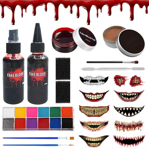 Kunstblut,Fake Blood,Kinderschminke Set,Halloween Schminke,Bodypainting Farben,Makeup Kit,Spezialeffekt Schminke,Makeup Brushes,für Halloween,Vampirblut Mottoparty,Karneval