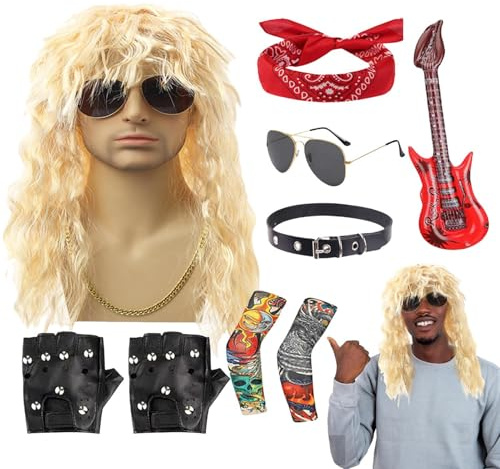 Tanxier Rocker Costume - 70s Musical Star Cosplay Set - Wig Sunglasses Set Punk Style Costume for Stage Performance Outdoor Musical Festival Beach Halloween Holiday Women Men