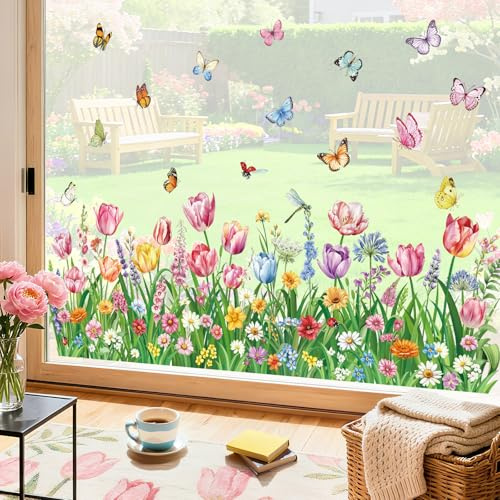 decalmile Fensterbilder Blumen Tulpen Grün Gras Fensteraufkleber | Statische Anti-Kollision Fensterdeko, Beidseitiger Druck, auf Beiden Seiten klar Sichtbar, Wasserdicht, Abnehmbar