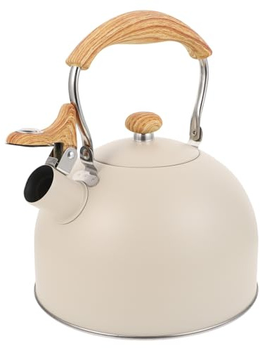 BAZEITFLOW Bouilloire Sifflante 2,5 l En Acier Inoxydable Poignée En Bois, Compatible Cuisinière Gaz Et Induction, Utilisation Maison Et Thé, Couleur Beige