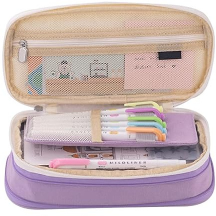 Tyenaza Estuche para lápices, empalme de color de gran capacidad, doble capa, estilo simple, diseño con cremallera, bolsa para bolígrafos para estudiantes (22 x 11 x 6,5 cm) (Violeta)