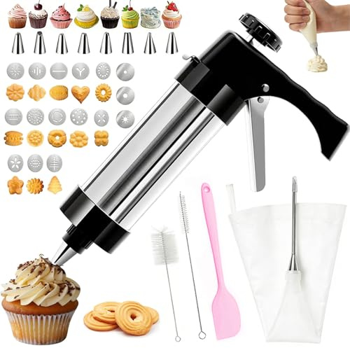 AEMCHDM Presse à Pâtisserie en Acier Inoxydable, Pistolet à Biscuits pour Gâteaux et Biscuit avec 16 Gabarits et 8 Douilles, Machine a Churros, Presse à Biscuits INOX pour Cuisson et Décoration