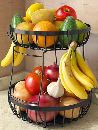 Tiered Fruit Bowl with 2 Banana Hangers for Kitchen, Black, Extra Large | Large Capacity for Whole Family Load Veg, Bread & Snacks, Modern Wire Suits Any Styles, Washable Mats Included to Keep Fresh