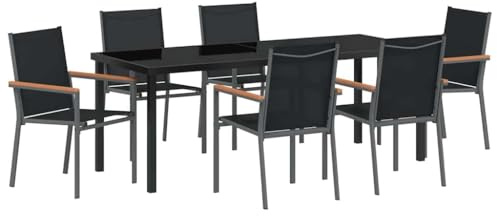Owoxanthellate Garten Essgruppe 7-Teilig Schwarz Pulverbeschichteter Stahl Modernes Design Robust und Langlebig für Garten Terasse Balkon