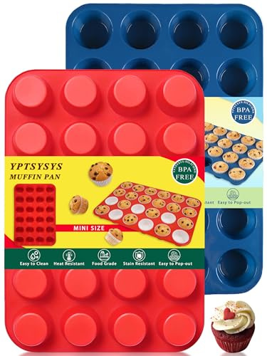 YPTSYSYS Silicone Muffin Tray, 24 Cups - Non Stick Baking Trays for Cupcakes & Brownies - (22.5x33cm) Baking Moulds for Muffin, BPA Free & Dishwasher Safe(Red+Blue 2PCS)