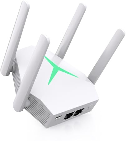 WiFi Extender 1200Mbps Dual Band, WiFi Booster with Switchable LED | LED night light switches off to avoid bedroom glare; 4 antennas and Repeater/Router/AP modes for flexible home coverage